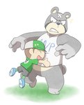 anthro blue_nose bottomwear clothing duo eyes_closed hat headgear headwear hug male shirt shorts slightly_chubby tank_top text text_on_clothing text_on_shirt text_on_tank_top text_on_topwear topwear tekimi animal_crossing nintendo curt_(animal_crossing) villager_(animal_crossing) bear human mammal 2011