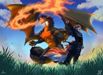 age_difference anthro claws clothed clothing crossbow duo female feral fire fur glowing glowing_eyes grass hair hand_crossbow holding_object holding_weapon imposing male muscular older_male open_mouth outside plant ranged_weapon size_difference sky tail weapon white_body white_fur lazaxus mythology ellie_dracoz kazuya_shoukako canid canine dragon fox mammal mythological_creature mythological_scalie scalie true_fox absurd_res hi_res