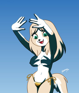 anthro bikini bikini_bottom breasts clothed clothing cocked_hip eyelashes female fingers fur green_eyes hair long_eyelashes multicolored_body navel nipple_outline shadow solo swimwear topless two-piece_swimsuit two_tone_body yoshisketchers9 shadow_hands_challenge kelsey_(yoshisketchers9) canid canine canis domestic_dog mammal 2026 hi_res meme