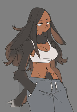 animal_arms big_breasts body_hair breasts cleavage clothed clothing dark_body dark_skin female floppy_ears grey_background hand_in_pocket happy_trail lop_ears pockets simple_background solo weeeeps animal_humanoid hare_humanoid humanoid lagomorph lagomorph_humanoid leporid_humanoid mammal mammal_humanoid werecreature werehare werelagomorph wererabbit 2022 absurd_res hi_res