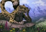 anthro blue_eyes cloud day detailed_background female flower fur grass hand_on_face looking_at_viewer lying meadow mountain nature nude outside pink_nose plant raised_tail rock sky solo tail tree whiskers shiroashi felid mammal pantherine snow_leopard 2018 detailed digital_media_(artwork)