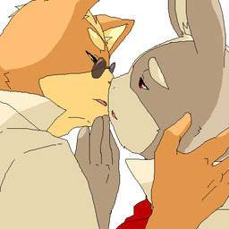 anthro anthro_on_anthro bodily_fluids clothed clothing duo eyewear glasses kissing male male/male predator/prey simple_background sunglasses sweat white_background hemo nintendo star_fox james_mccloud peppy_hare canid canine fox hare lagomorph leporid mammal 1:1 low_res