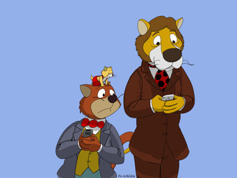 4_fingers accessory anthro biped bottomwear bow_tie brown_body cellphone clothing electronics facial_hair fingers group humanoid_hands male mustache necktie pants phone shirt size_difference smartphone standing suit topwear piothecloudrat around_the_world_with_willy_fog rigodon tico willy_fog cricetid domestic_cat felid feline felis hamster lion mammal pantherine rodent 2026 hi_res