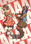 5_fingers anthro breasts clothed clothing duo feet female fingers hair open_mouth purple_hair smile teeth toes tongue rhaenjarr brown_hyena hyena mammal spotted_hyena 2022 digital_media_(artwork)