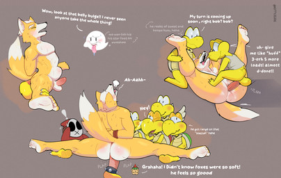 5_toes abdominal_bulge anal anal_penetration anthro audience balls barefoot big_butt blush bodily_fluids bubble_butt butt countershade_face countershade_torso countershading cum cum_in_ass cum_inside cum_on_face cum_while_penetrated dialogue dipstick_tail ejaculation erection feet flexible from_front_position fur gangbang genital_fluids genitals group group_sex hair held_by_legs held_up horn humanoid_feet jewelry lying male male/male male_penetrated male_penetrating male_penetrating_male markings mask missionary_position muscular muscular_male nude on_back open_mouth penetration penile penile_penetration penis penis_in_ass plantigrade raised_leg sex shell simple_background size_difference small_top_big_bottom smile soles splits spread_legs spreading tail tail_markings teeth text thick_thighs thoughts toes tongue tongue_out voyeur yellow_body jojoe mario_bros nintendo star_fox bowser fox_mccloud boo_(mario) canid canine fox ghost koopa koopa_troopa mammal reptile scalie shyguy spirit turtle english_text hi_res