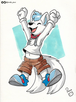 2_tails anthro black_nose blue_clothing blue_footwear blue_hair blue_shoes bottomwear brown_bottomwear brown_clothing brown_shorts clothed clothing eyes_closed footwear front_view fur gloves hair handwear happy jumping logo male male_anthro multi_tail open_mouth open_smile shoes short_hair shorts simple_background smile solo tail topwear white_body white_clothing white_fur white_gloves white_handwear white_tail white_topwear young young_anthro young_male pandapaco canid canine mammal artist_logo signature