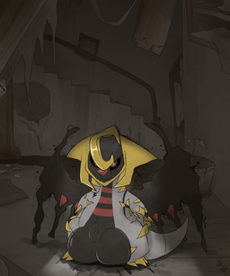 abandoned_building animal_genitalia anthro back_wings balls big_balls biped black_body black_sclera claws front_view fully_sheathed genitals grey_body huge_balls hyper hyper_balls hyper_genitalia inside looking_at_viewer male red_eyes sheath shortstack solo standing toe_claws wings fuf nintendo pokemon altered_forme_giratina generation_2_pokemon generation_4_pokemon giratina hybrid legendary_pokemon pokemon_(species) teddiursa 2019 hi_res