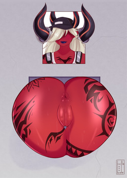anus baseball_cap big_butt black_horn blue_lipstick butt clothing female genitals glory_wall hair hair_over_eyes hat headgear headwear horn horn_through_wall lipstick makeup nude photo red_body solo tattoo thick_thighs through_wall vulva white_hair wide_hips hellobirde epic_games fortnite desdemona_(fortnite) demon demon_humanoid horned_humanoid humanoid absurd_res hi_res