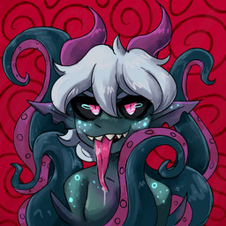 ambiguous_gender anthro bodily_fluids dark_sclera glowing glowing_markings green_body grin hair horn long_tongue looking_at_viewer markings pointy_ears prick_ears saliva saliva_on_tongue sharp_teeth short_hair smile solo teeth tentacles tongue white_hair shinycitrus fan_character kraken_(shinycitrus) animal_humanoid aquatic aquatic_humanoid cephalopod cephalopod_humanoid fish horned_humanoid humanoid mollusk mollusk_humanoid 1:1 nonbinary_(lore)
