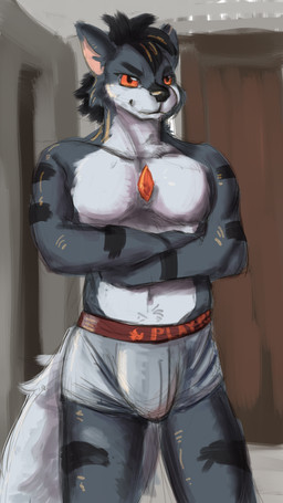 anthro black_hair clothed clothing crossed_arms fur grey_body grey_fur hair jewelry male necklace orange_eyes solo stripes tail underwear underwear_only white_body white_fur rdy zgf_art firestone nintendo pokemon razor_(razim) razor_the_firedog canid canine elemental_creature firedog generation_1_pokemon growlithe mammal pokemon_(species) 2025 4k 9:16 absurd_res hi_res