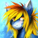 ambiguous_gender anthro blonde_hair blue_background blue_body blue_fur fur hair multicolored_hair scene_haircut simple_background solo teeth white_body white_fur white_nose yellow_eyes fiuefey kazuzufur felid hybrid mammal 1:1