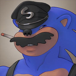 anthro biker_cap black_nose blue_body blue_skin caricature cigarette clothing facial_hair facial_markings hat head_markings headgear headwear leather leather_daddy leather_hat leather_headgear leather_headwear male markings mustache muzzle_(marking) narrowed_eyes simple_background smoking smoking_cigarette solo ravuer sega sonic_the_hedgehog_(series) sonic_the_hedgehog eulipotyphlan hedgehog mammal 1:1 hi_res