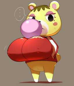 anthro big_breasts blowing_bubble_gum blush blush_stickers bodily_fluids bottomless breasts brown_hair bubble bubble_gum candy chibi clothed clothing dessert ellipsis eyeshadow female food fur genitals gum hair huge_breasts inflating jacket makeup nipple_outline shortstack solo speech_bubble sweat sweatdrop topwear vertical_ellipsis vulva yellow_body yellow_fur obikuragetyan animal_crossing nintendo tammy_(animal_crossing) bear mammal digital_media_(artwork) hi_res