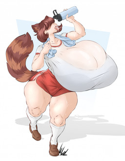 athletic_wear big_breasts bottle bottomwear breasts brown_body brown_fur cleavage clothed clothing container drinking exposure_variation female footwear front_view fur gym_bottomwear gym_shorts hair hair_over_eyes huge_breasts hyper hyper_breasts markings multicolored_body multicolored_fur open_mouth shirt shorts socks solo striped_markings striped_tail stripes t-shirt tail tail_markings tongue tongue_out topwear towel towel_around_neck translucent translucent_clothing two_tone_body two_tone_fur dullvivid animal_humanoid canid canid_humanoid canine canine_humanoid humanoid mammal mammal_humanoid tanuki_humanoid hi_res