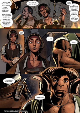 5_fingers accessory anthro arm_scar big_muscles black_hair brown_body brown_eyes clothed clothed_male clothing curly_hair detailed_background dialogue duo facial_scar fantasy fantasy_weapon fingers food goat_ears green_clothing green_shirt green_topwear group hair hammer headband holding_food holding_object horn jewelry kitchen kitchen_utensils male muscular muscular_anthro muscular_arms muscular_male necklace night scar shirt solo speech_bubble straight_hair surprised tavern text tools topwear trio purplebirdman roshim_(purplebirdman) bovid caprine goat human mammal sheep 2023 better_version_at_paywall colored comic detailed english_text shaded url