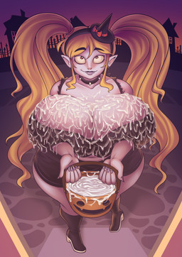 5_fingers big_breasts biped bodily_fluids breasts cleavage cleavage_overflow clothed clothing collar cum cum_on_breasts curvy_figure excessive_cum excessive_genital_fluids eyebrow_through_hair eyebrows fangs female fingers genital_fluids hair holding_object holidays huge_breasts humanoid_pointy_ears not_furry pointy_ears solo spiked_collar spikes teeth thick_thighs translucent translucent_hair trick-or-treating voluptuous cerealharem cc-by-nc-sa creative_commons halloween alice_(cerealharem) humanoid vampire absurd_res hi_res