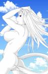 anthro areola blush breasts butt female fur genitals hair nipples outside pussy river sky solo white_body white_fur white_hair gtoyaannno mericella angel domestic_cat felid feline felis mammal hi_res