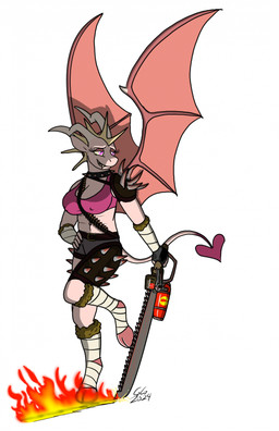 anthro arm_wraps armor bandolier big_breasts breasts chainsword clothing collar crop_top feet_wraps female fire hair hand_on_hip hooves pink_eyes raised_leg shirt smile smirk solo spiked_armor spiked_collar spikes spiky_hair topwear wings wraps goldengryphon fallout microsoft fel_(unsavoryrepute) raider_(fallout) demon hi_res