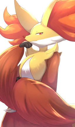 3_fingers anthro cheek_tuft facial_tuft female female_anthro fingers fluffy fur grey_hands hand_under_chin inner_ear_fluff light looking_at_viewer mouth_closed multicolored_body multicolored_fur nude nude_anthro nude_female red_body red_fur red_inner_ear_fluff red_nose side_view simple_background snout solo standing tail tuft white_background white_body white_fur yellow_body yellow_ears yellow_fur yellow_tail rumine nintendo pokemon canid canine delphox generation_6_pokemon mammal pokemon_(species) 2026 hi_res lighting shaded
