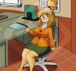 anthro big_breasts blush book breasts calendar chair clothing female furniture looking_at_viewer office office_chair sitting solo sweater topwear diamond_grenadier animal_crossing nintendo isabelle_(animal_crossing) canid canine canis domestic_dog mammal hi_res watermark