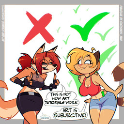 anthro arm_tuft belt blonde_hair blue_eyes blush bottomwear breasts check_mark clothing collarbone crop_top denim denim_bottomwear denim_clothing denim_shorts duo eyebrows eyelashes eyewear fangs female fingerless_gloves gesture glasses gloves green_eyes hair hand_gesture handwear long_eyelashes markings midriff mole_(marking) mole_on_breast mole_under_eye navel open_mouth ponytail raised_finger raised_index_finger red_hair round_glasses shirt shorts shoulder_tuft skirt smile smirk spots spotted_hips spotted_shoulders teeth topwear tuft psicoyote cassandra_(psicoyote) veronica_(psicoyote) canid canine domestic_cat felid feline felis fox mammal 1:1 2026 hi_res