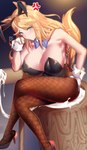 big_breasts blonde_hair blue_bow blue_eyes blush bodily_fluids breasts clothed clothing cross-popping_vein cuffs_(clothing) fake_ears fake_rabbit_ears female fishnet_clothing fishnet_legwear food footwear hair hammer high_heels hip_grab legwear leotard light_body light_skin long_hair mochi shoes sitting solo sweat tools bigshine000 cygames uma_musume_pretty_derby gold_city_(pretty_derby) animal_humanoid equid equid_humanoid equine equine_humanoid horse_humanoid humanoid mammal mammal_humanoid absurd_res digital_media_(artwork) hi_res