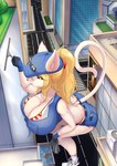 2022 absurd_res anthro big_breasts blonde_hair breasts cleaning_tool cleavage clothed clothing domestic_cat felid feline felis female hair hat headgear headwear hi_res huge_breasts macro mammal panties solo son2j squeegee underwear