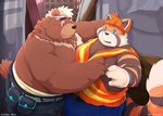 anthro armor belly big_belly blush clothed clothing construction_worker duo flirting headgear helmet male male/male moobs musclegut muscular nipple_fetish nipple_pinch nipple_play overweight overweight_male pinch slightly_chubby topless chiko_mew lifewonders live_a_hero goro_(live_a_hero) ailurid bear mammal red_panda