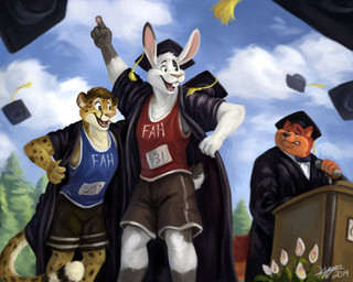 4_fingers anthro blue_sky bottomwear buckteeth clothing cloud detailed_background electronics fingers fur fur_markings graduation graduation_cap graduation_ceremony group hair male male/male markings microphone microphone_stand open_mouth open_smile plant scut_tail short_tail shorts sky smile spots spotted_body spotted_fur tail teeth tree trio kygen chad_(plokishmok3) toby_(plokishmok3) canid canine canis cheetah felid feline lagomorph leporid mammal rabbit wolf 2019 5:4 signature