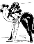 anthro clothing duo female hug larger_female male rear_view size_difference tail tail_motion tailwag underwear kencougr ken_cougr_(character) cougar felid feline mammal mustelid 1990 black_and_white monochrome tagme