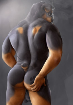 5_fingers anthro balls biped black_balls black_body black_fur black_nose black_tail brown_body brown_eyes brown_fur brown_tail butt butt_markings cigarette fingers floppy_ears footprint fur genitals grey_background hand_on_butt humanoid_hands looking_at_viewer looking_back male markings multicolored_body multicolored_fur multicolored_tail nude pawprint pawprint_(marking) pose presenting presenting_hindquarters rear_view saggy_balls short_tail simple_background small_tail smoke smoking snout solo standing tail two_tone_body two_tone_fur two_tone_tail killianwalker rennin canid canine canis domestic_dog mammal mastiff molosser rottweiler 2017 digital_media_(artwork) hi_res pinup portrait three-quarter_portrait