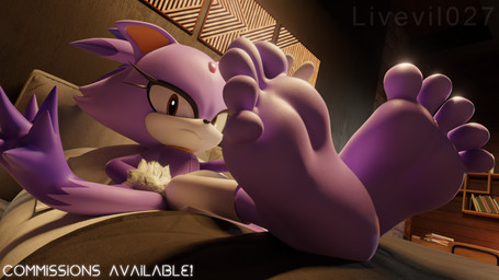 5_toes anthro barefoot bed bedroom bookshelf bottomwear clothed clothing feet female foot_focus furniture humanoid_feet low-angle_view on_bed pants plantigrade purple_body sitting soles solo spread_toes tail toes white_bottomwear white_clothing white_pants livevil027 sega sonic_the_hedgehog_(series) blaze_the_cat felid feline mammal 16:9 3d_(artwork) digital_media_(artwork) hi_res widescreen