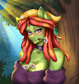 anthro breasts choker cleavage clothed clothing dreadlocks durag eyebrows female flower fur green_body green_fur hair jewelry mouth_hold necklace orange_hair plant purple_eyes solo sparkles tree ashimaroo friendship_is_magic hasbro my_little_pony tree_hugger_(mlp) earth_pony equid equine horse mammal pony hi_res portrait