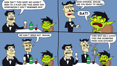 4_panel_comic alcohol beverage black_clothing black_dress black_hair blue_background bow_tie champagne clothing corpse dialogue dress ear_piercing female furniture green_body green_skin group hair humanoid_pointy_ears interspecies jewelry male male/female married_couple necklace piercing pointy_ears restaurant short_hair simple_background speech_bubble suit table text trio waiter yellow_sclera reviewspossum goblin mammal murid murine rat rodent 16:9 2025 comic english_text hi_res widescreen