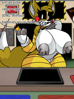 anthro big_breasts breasts female genitals machine office red_cheeks sharp_teeth solo teeth text vulva yellow_body wannapossums sega sonic_the_hedgehog_(series) miles_prower toy_tails animatronic canid canine fox mammal robot 3:4 english_text spanish_text translated