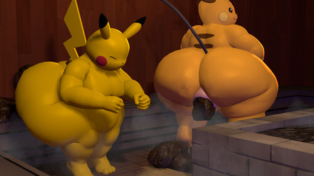 ambiguous_gender ambiguous_pooping anthro anus big_butt black_body black_fur brown_body brown_fur butt crouching dipstick_ears duo ear_markings eyes_closed feces feces_on_ground feces_pile fur multicolored_ears narrowed_eyes obese obese_ambiguous obese_anthro orange_body orange_fur overweight overweight_ambiguous overweight_anthro pooping pooping_on_floor pooping_together raised_tail red_cheeks sauna scatplay smile steam tail water yellow_body yellow_cheeks yellow_fur streetsign01 nintendo pokemon generation_1_pokemon pikachu pokemon_(species) raichu 16:9 3d_(artwork) blender_(artwork) digital_media_(artwork) hi_res widescreen