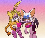 anthro bite blue_eyeshadow breasts cleavage clothed clothing cybernetics duo eyeshadow female female/female glistening_eyelids hand_on_hip lidded_eyes machine makeup purple_eyeshadow simple_background white_background galactabee archie_comics sega sonic_the_hedgehog_(archie) sonic_the_hedgehog_(comics) sonic_the_hedgehog_(series) bunnie_rabbot rouge_the_bat bat cyborg lagomorph leporid mammal rabbit 2020 digital_media_(artwork) hi_res