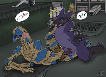 ambiguous_gender anthro blush confusion duo electronics from_behind_position fur leg_grab looking_at_another machine male male/ambiguous open_mouth question_mark raised_leg sex spacecraft spoon_position usb vehicle benji_(artist) star_wars dol_rin_(character) alien b1_battle_droid battle_droid robot