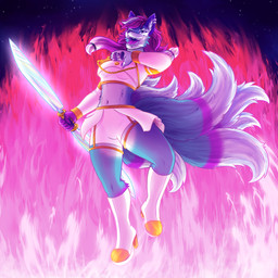 9_tails anthro blue_body blue_fur boots clothing colored_fire detailed_background double-bladed_sword female fire footwear fur glowing_blade glowing_sword glowing_weapon hair high_heeled_boots high_heels holding_object holding_weapon long_hair melee_weapon multi_tail navel piercing pink_fire pink_hair pink_tongue shoes sky slim solo star starry_sky sword tail tongue weapon daviyeen kpop_demon_hunters just_okari canid canine mammal maned_wolf 1:1 absurd_res hi_res