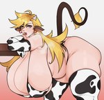 animal_print animal_print_bikini bent_over big_breasts bikini blonde_hair blonde_tail_tuft breasts brown_ears brown_tail butt clothing cow_print cow_print_bikini cow_print_thigh_highs curvy_figure dipstick_tail ear_piercing ear_ring female gradient_background hair hanging_breasts horn huge_breasts long_hair looking_at_viewer markings open_mouth pattern_bikini pattern_clothing pattern_swimwear piercing raised_tail ring_piercing simple_background skindentation slightly_chubby solo swimwear tail tail_markings tail_tuft thick_thighs tuft two-piece_swimsuit venus_figure voluptuous white_body wide_hips yellow_tail_tip strongmoist panty_and_stocking_with_garterbelt panty_anarchy animal_humanoid bovid bovid_humanoid bovine bovine_humanoid cattle_humanoid horned_humanoid humanoid mammal mammal_humanoid tailed_humanoid hi_res