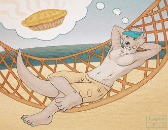 anthro beach biped bottomwear clothed clothing dessert detailed_background feet food hat headgear headwear hindpaw licking licking_lips licking_own_lips lying male on_back outside pastry paws pie sand seaside self_lick shorts sky solo tail tongue tongue_out toony topless visor_cap water kadohusky mammal mustelid otter 2011