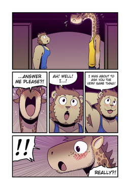 anthro armpit_hair blue_clothing blue_shirt blue_topwear blush body_hair brown_body brown_hair brown_mane clothing dialogue door exclamation_point eyes_closed five_frame_image frown hair hand_behind_head horn inside long_neck looking_at_another looking_up male mane nervous ossicone shirt shocked speech_bubble standing sweatdrop_(iconography) text topwear yellow_body yellow_clothing yellow_shirt yellow_topwear t0l0k andrew_(t0l0k) scott_(t0l0k) felid giraffe giraffid lion mammal pantherine comic english_text hi_res multiple_scenes