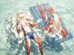 anthro beach blonde_hair bottomwear breasts clothed clothing duo female hair inflatable long_hair male outside pool_toy red_eyes seaside shorts tail topless water yellow_eyes koi_(artist) pandemonium_company canid canine canis mammal wolf 4:3