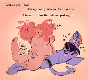 anthro ball_gag big_breasts bound breasts duo female female/female gag nipples nude objectification overweight penetration sex simple_background slightly_chubby smile strapon text dolljoints friendship_is_magic hasbro my_little_pony pinkie_pie_(mlp) twilight_sparkle_(mlp) domestic_cat equid felid feline felis mammal english_text hi_res