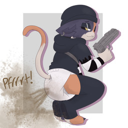 anthro beanie black_beanie black_clothing black_hat black_headwear black_hoodie black_topwear clothed clothing diaper ear_piercing feces female footwear gun handgun hat headgear headwear holding_gun holding_object holding_ranged_weapon holding_weapon hoodie piercing pooping ranged_weapon scatplay socks soiled soiled_diaper soiling soiling_diaper solo tiptoes topwear unclean_diaper used_diaper using_diaper weapon wearing_diaper yellow_eyes diaperstories epic_games fortnite meow_skulls calico_cat domestic_cat felid feline felis mammal 1:1 absurd_res hi_res