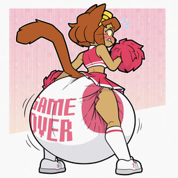anthro big_diaper blush blush_lines bodily_fluids bottomwear cheerleader cheerleader_outfit clenched_teeth clothed clothing crop_top diaper diaper_under_clothing diaper_under_skirt diapered_female embarrassed exposed_diaper female flying_sweatdrops footwear huge_diaper humiliation knee_highs knee_socks legwear looking_at_diaper looking_back looking_back_at_self pink_diaper pom_poms rear_view shirt shoes simple_background skirt sneakers socks solo standing sweat sweatdrop teeth text text_on_diaper topwear video_game_reference wearing_diaper whiskers white_clothing white_diaper white_footwear white_socks nineplusten gameoverse glitch_productions kit_bodega domestic_cat felid feline felis mammal 1:1 2026 compression_artifacts digital_media_(artwork) english_text full-length_portrait hi_res portrait