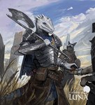 anthro armor axe belt belt_pouch blue_eyes bow_(weapon) bracelet breastplate cape clothed clothing cloud day detailed_background ear_piercing fantasy female grey_body grey_scales group holding_axe holding_object holding_weapon jewelry light logo looking_forward male mountain outside piercing plant plate_armor ranged_weapon scales sky solo_focus spaulder standing sunlight tail vambrace weapon themefinland mythology dragon mythological_creature mythological_scalie scalie wingless_dragon 2021 digital_media_(artwork)