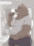 5_fingers anthro belly blush boxers_(clothing) brown_body brown_fur brush brushing brushing_teeth bulge clothing detailed_bulge erect_nipples erection fingers fur genital_outline genitals male navel nipples obese obese_anthro obese_male overweight overweight_anthro overweight_male penis penis_outline solo toothbrush underwear dv-ch bear mammal hi_res