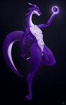 anthro biped black_background countershade_neck countershade_torso countershading flat_chested genitals glowing_orb holding_object holding_orb long_neck looking_away male navel nipples nude penis purple_body purple_scales scales simple_background smile solo tail white_body white_countershading sackrany mythology dragon mythological_creature mythological_scalie scalie digital_media_(artwork) full-length_portrait hi_res portrait