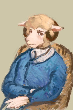 anthro blue_clothing blue_shirt blue_topwear chair clothing ears_down eyebrows fur furniture horn looking_at_viewer male pivoted_ears shirt solo topwear white_body white_fur white_wool wool_(fur) reynard_goodfellow reynard_the_baa bovid caprine mammal sheep hi_res